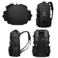 Black multifunction sports backpack with round side profile and multiple front compartments
