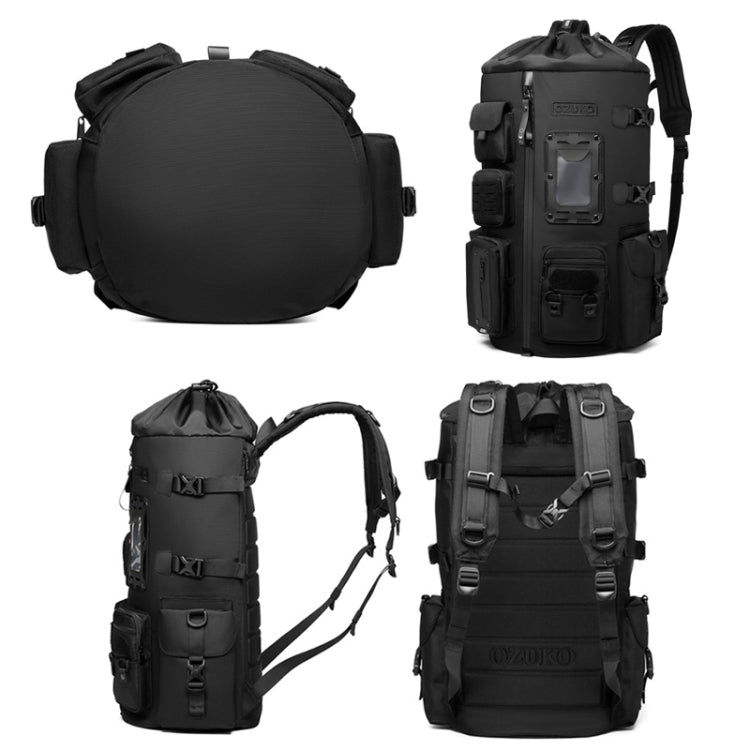 Black multifunction sports backpack with round side profile and multiple front compartments