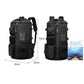 Black waterproof sports backpack with front utility pouches and size markers (28 cm, 55 cm)