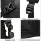 Black backpack detail: fastener, expansion buckle, eyewear latch, and strap webbing