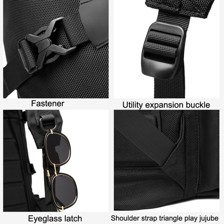 Black backpack detail: fastener, expansion buckle, eyewear latch, and strap webbing