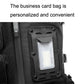 Black backpack side close-up with transparent ID/card holder pocket and mounting plate
