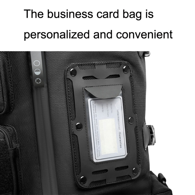 Black backpack side close-up with transparent ID/card holder pocket and mounting plate