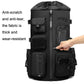 Black waterproof sports backpack front with rugged utility panels and finger at pocket