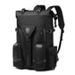 Black waterproof outdoor backpack with side carry straps and front utility pockets
