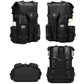 Black waterproof outdoor backpack: front, back, and side views with multiple compartments