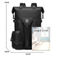 Black waterproof outdoor backpack with front zipper, padded side storage, and size dimensions