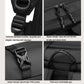 Black backpack hardware close-up: textured buckles, zipper, and thick padded grip