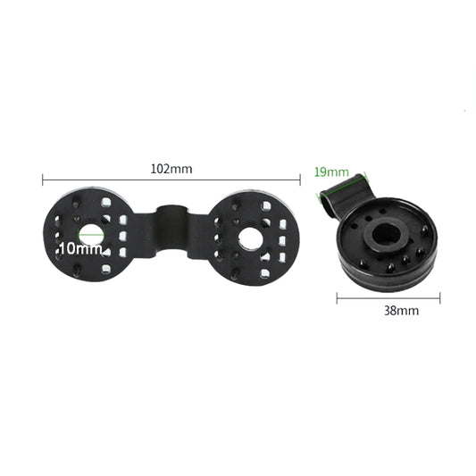 Black round mesh net clip fastener with bar, shown with size dimensions