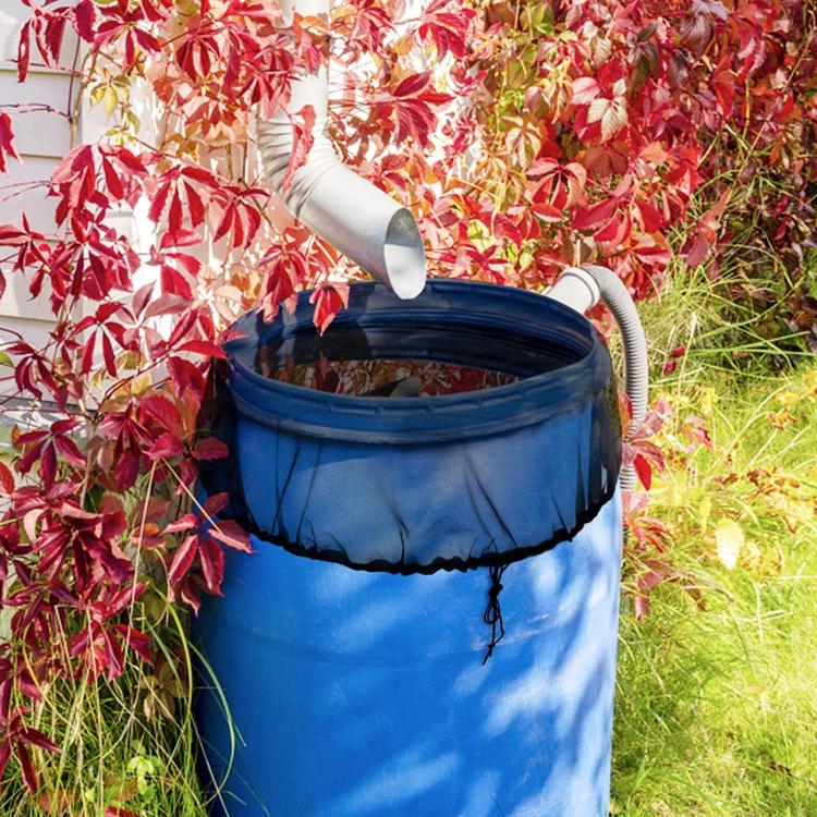 Blue outdoor bucket insect screen cover with drawstring on circular mesh top