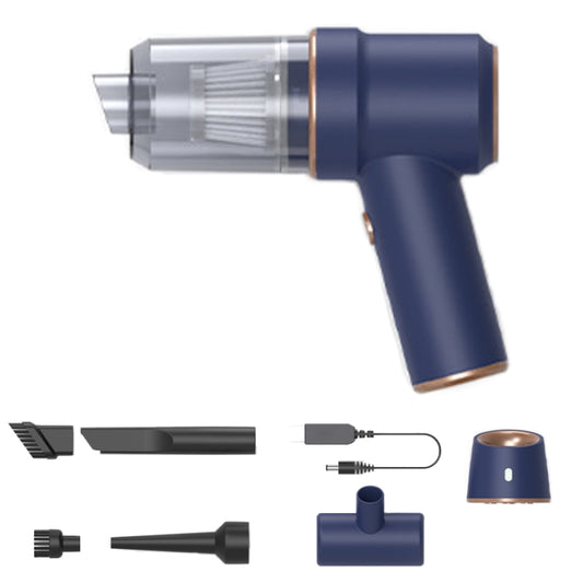 Blue handheld wireless car vacuum cleaner with clear dust cup and included floor brush