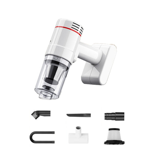 Handheld vacuum cleaner with clear dust cup and white base plus assorted brush nozzles
