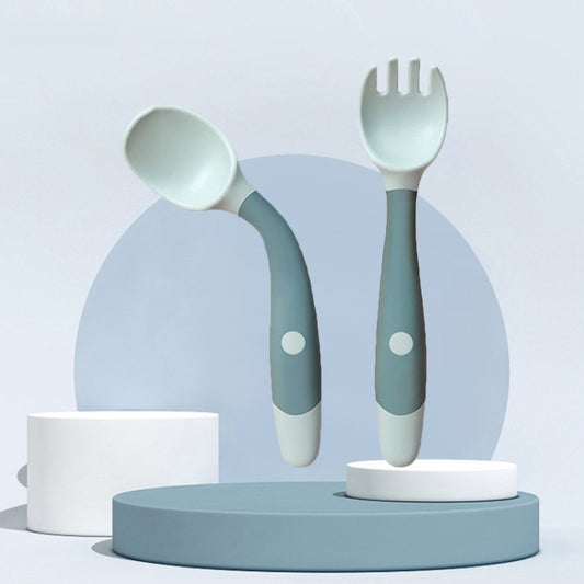 Bendable silicone spoon and fork set with light blue heads and blue handles