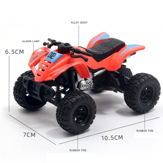 Orange/red off-road motorcycle toy car with black seat and large treaded rubber tires