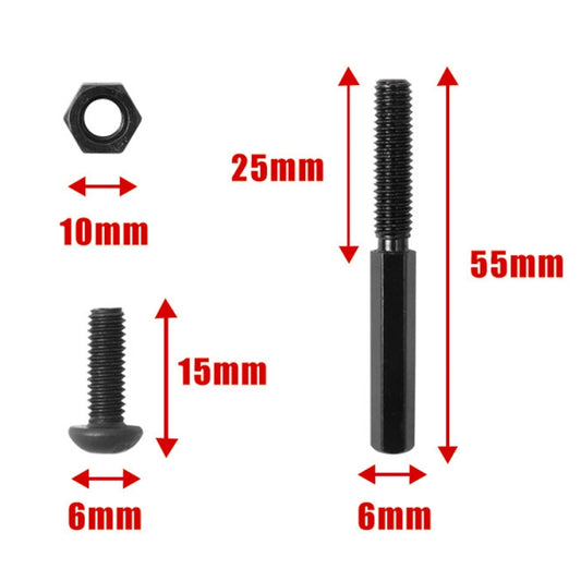 Lock screw size diagram with hex nut and 10mm, 15mm, 25mm, 55mm measurements
