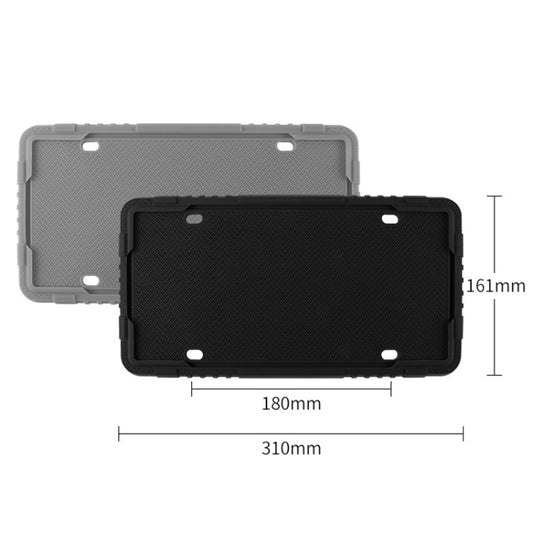 Silicone license plate frame, rectangular with mounting holes and overall size measurements