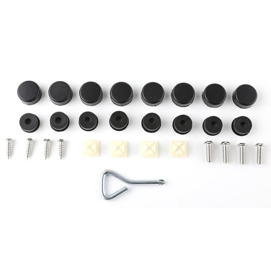 Silicone license plate frame screw kit: black caps, screws, and mounting hardware