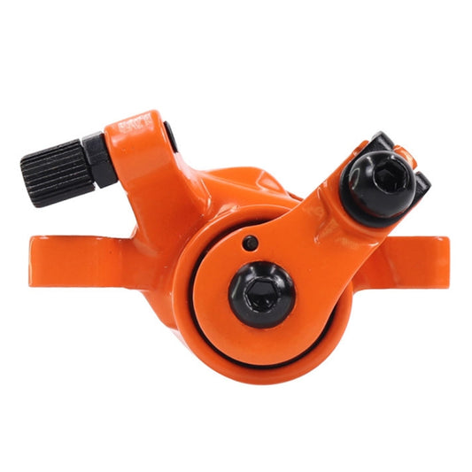 Orange rear disc brake caliper assembly with black mounting bolts