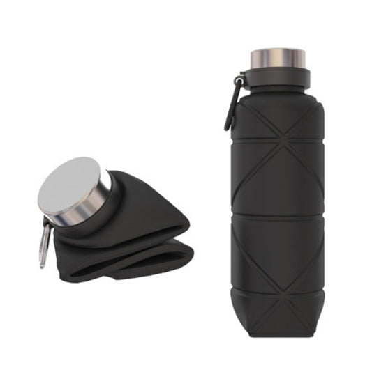 Black foldable silicone water bottle with metal lid and carabiner, collapsed cup shown