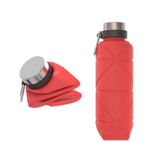 Red foldable silicone water bottle with metal lid and carabiner, collapsed cup shown