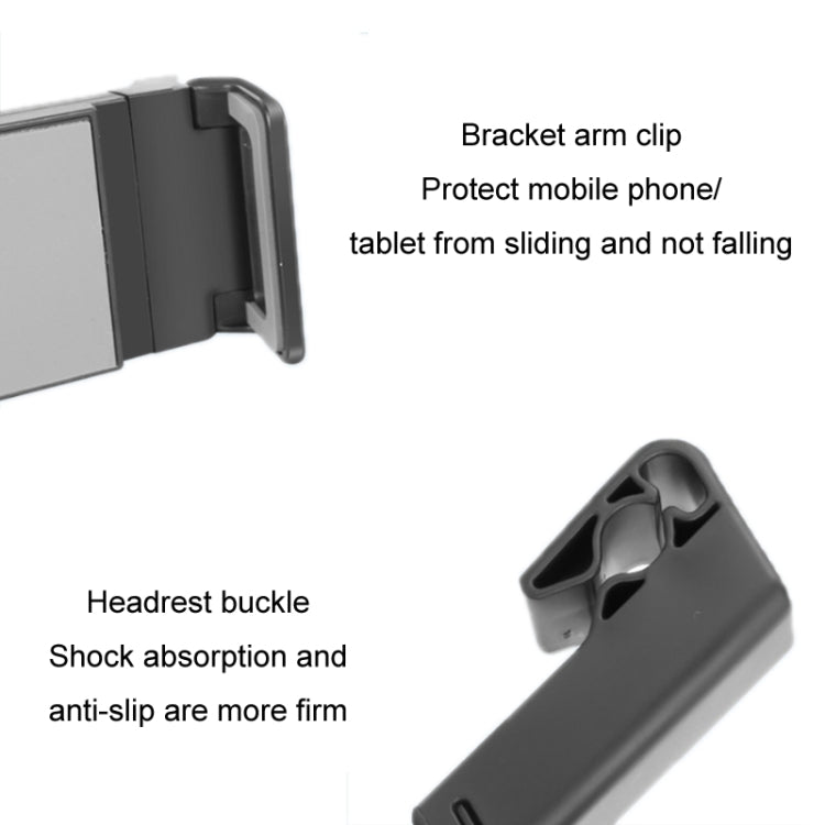 Black headrest buckle and anti-slip clips tablet holder with bracket arm