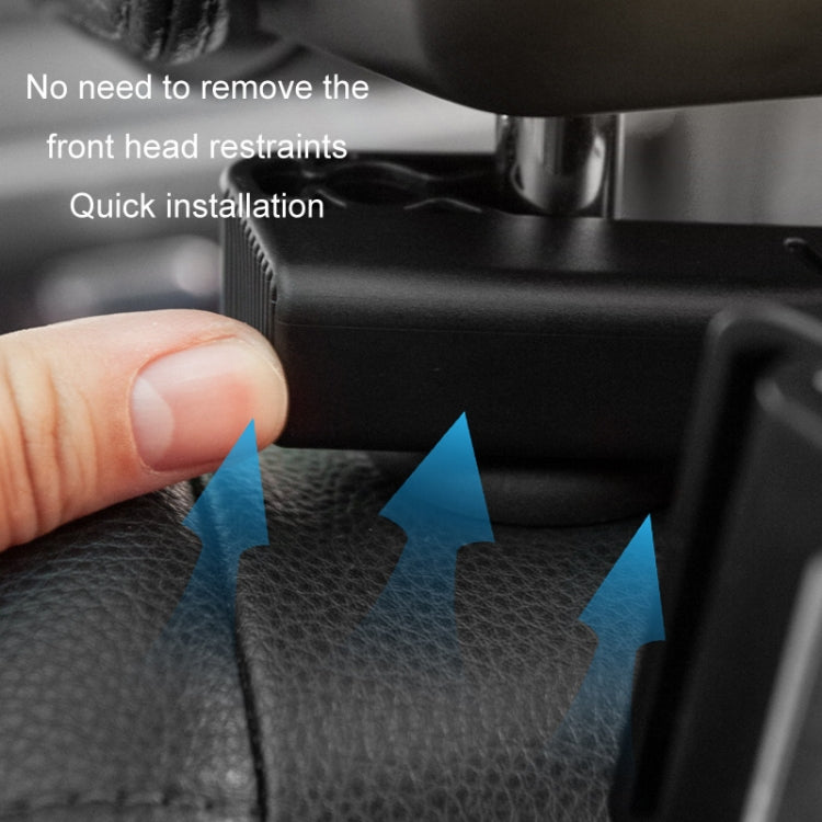 Black headrest mounting clip being pressed by a hand on a car seat
