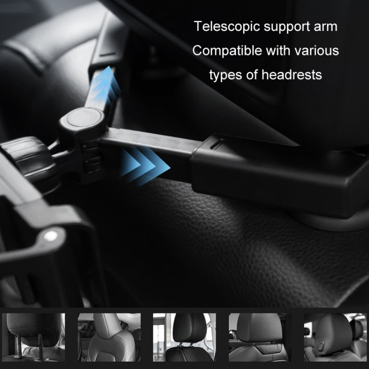 Black telescopic support arm tablet holder designed for different headrests