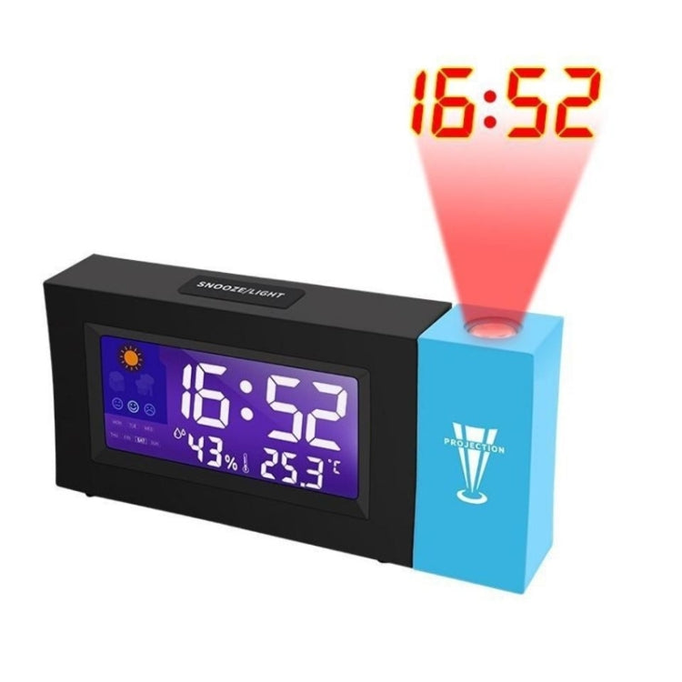 Digital weather clock with color screen showing time and temperature, projection module