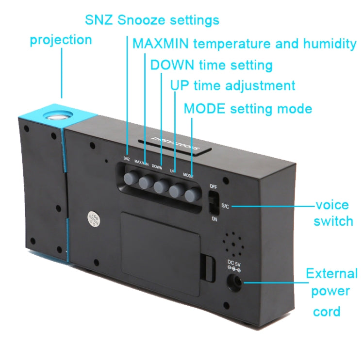 Digital weather clock rear panel with settings buttons and external power DC port