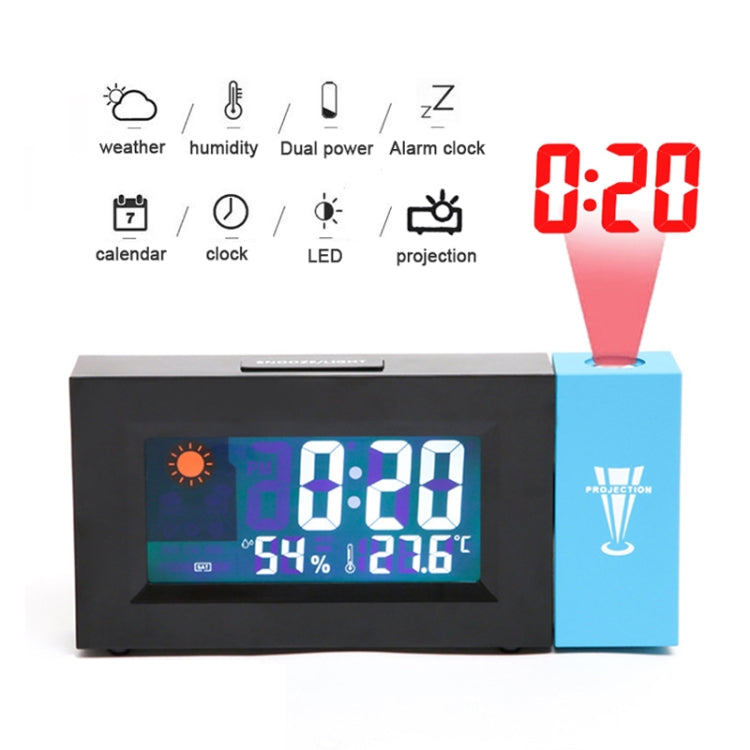 Digital weather clock with color screen showing weather icons, time and projection