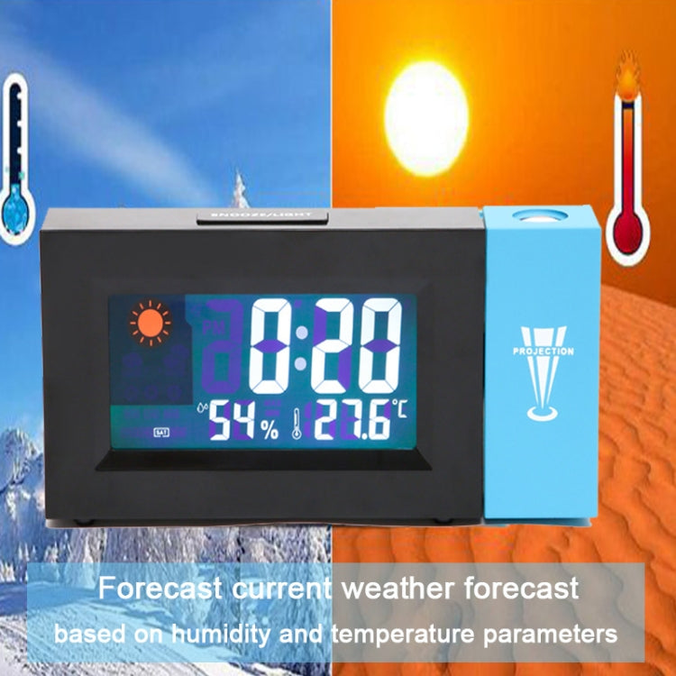 Digital weather clock with color display and projection beam, showing time