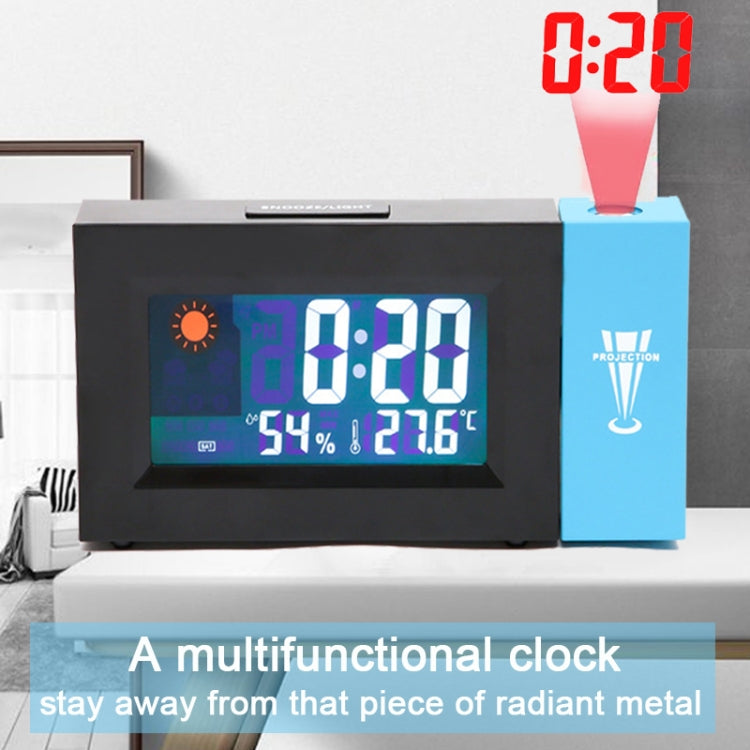 Digital weather clock with color display and projected time, showing humidity