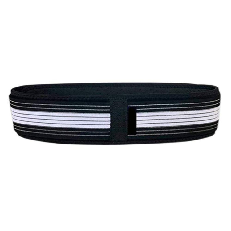 Black pelvic correction belt with white and black horizontal stripe elastic band and center strap