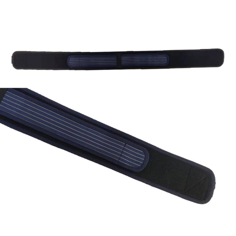 Black pelvic correction belt with blue striped interior panel and wide adjustable wrap