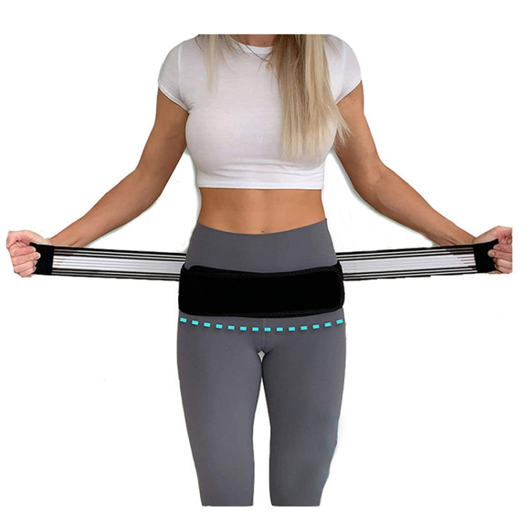 Pelvic correction belt worn over grey leggings; striped band centered at the hips
