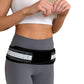 Postpartum pelvic correction belt on hips with black wrap and white striped support panel