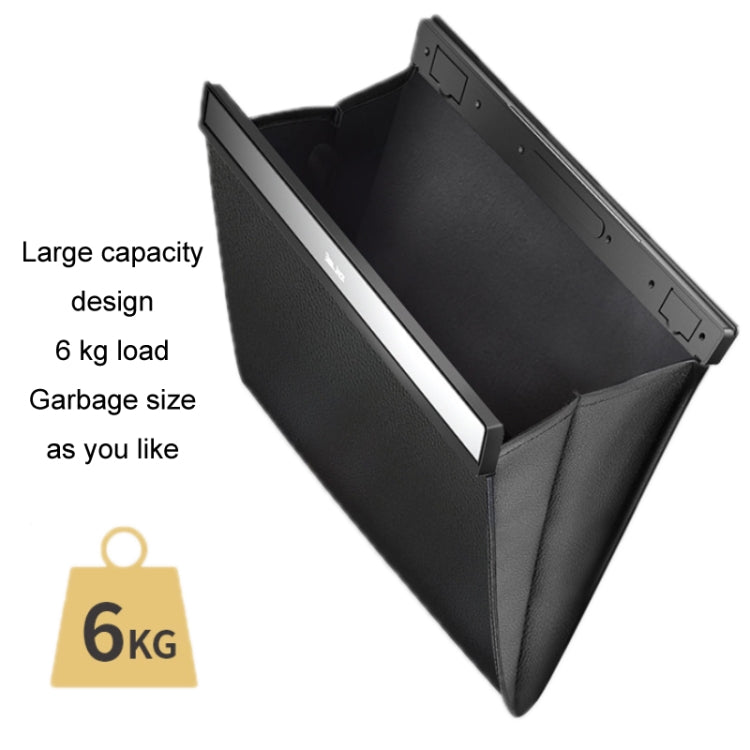 Black foldable car trash storage bag with open top and front attachment rail