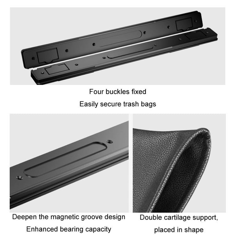 Black seat-back trash bag with four buckle mounts and reinforced support