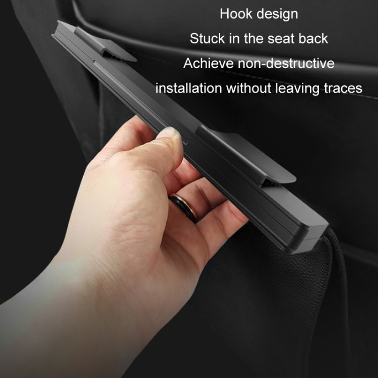 Hook-style attachment for car seat-back trash bag, shown being pressed on