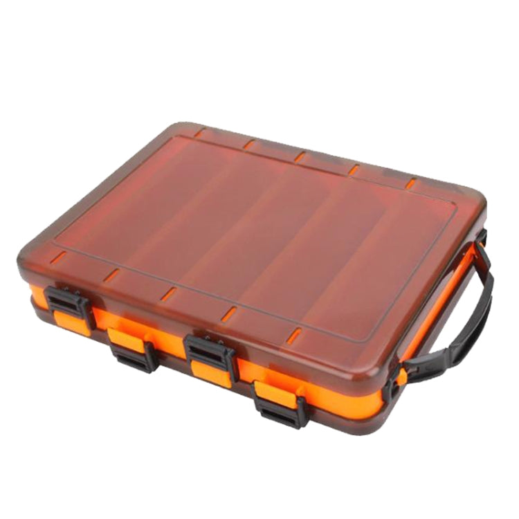 Double-sided translucent bait organizer toolbox with orange frame, hinged latches, handle