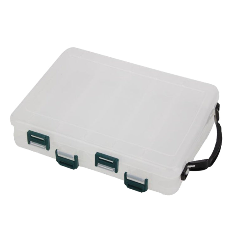 Double-sided translucent bait organizer toolbox with white lid, teal latches, carry handle
