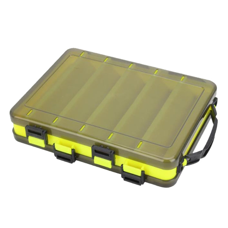 Double-sided translucent bait organizer toolbox with yellow-green frame, hinged latches, handle