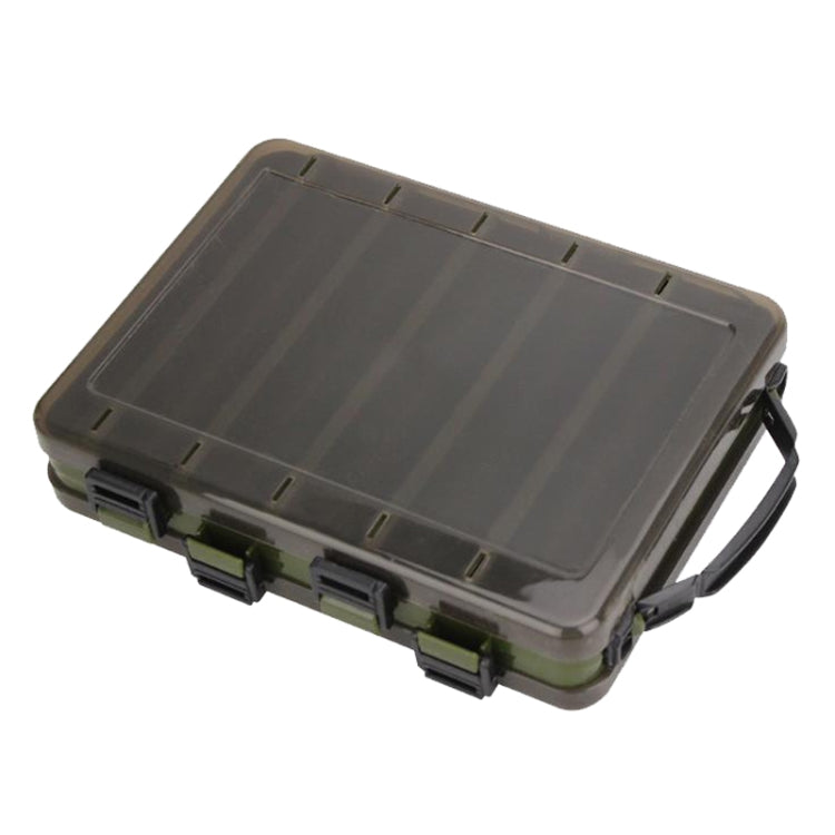 Double-sided translucent bait organizer toolbox with dark gray-green frame, latches, carry handle
