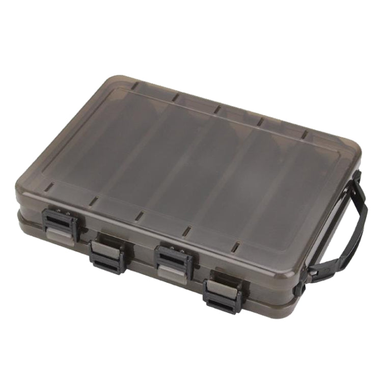 Double-sided translucent bait organizer toolbox with dark gray lid and black latches
