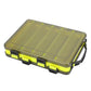 Double-sided translucent bait organizer toolbox with lime green edges and secure latch clips