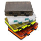 Stacked translucent bait organizer toolbox with grid compartments and green latch clips