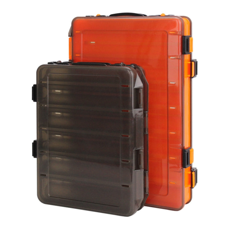 Orange and dark translucent bait organizer toolbox with hinged lid and side latch closures