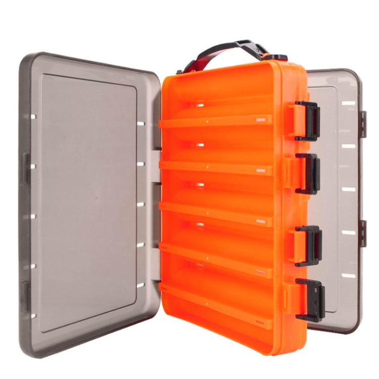 Orange translucent bait organizer toolbox open wide with gray lid panel and black latch clips