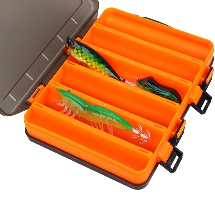 Orange translucent bait organizer toolbox with fishing lures in separate grid compartments