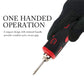 Red-and-black cordless soldering iron held in a glove with pointed metal tip
